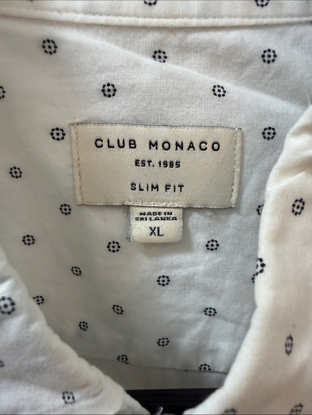 Club Monaco White Shirt with Navy Micro Dot Print